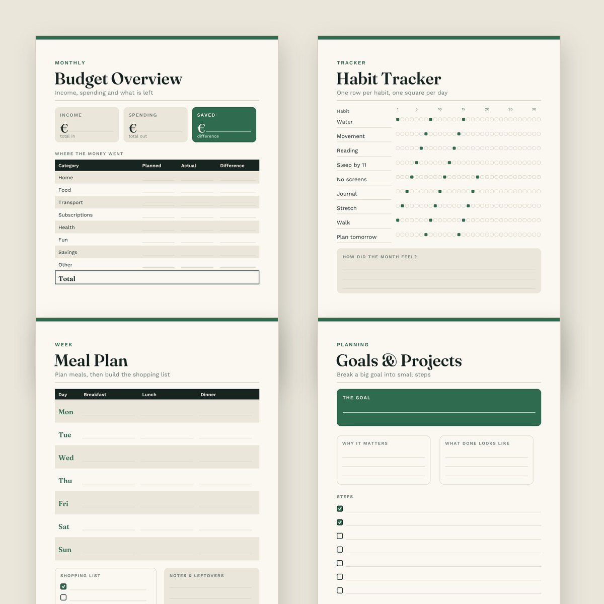 Budget, habit, meal and goal planner pages